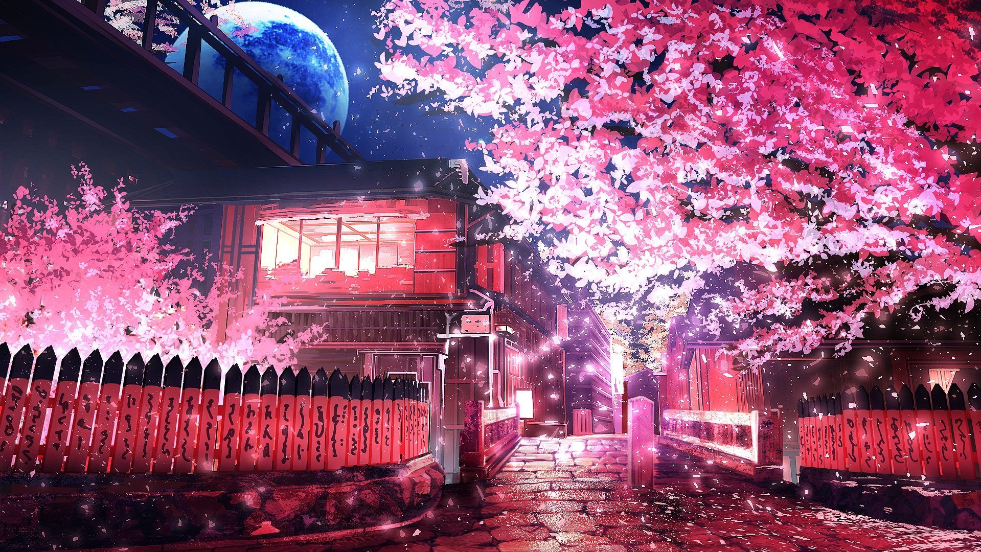 Khung cảnh hoa anh đào buổi tối trong anime