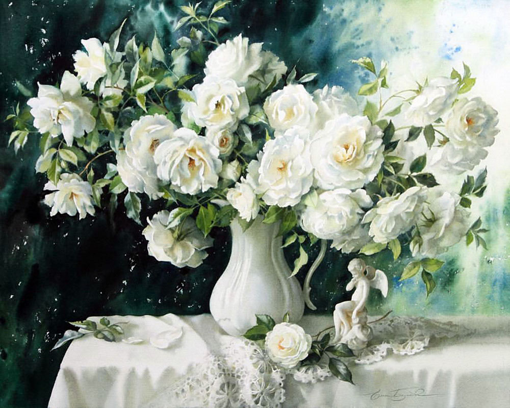 Tranh vẽ lọ hoa trắng cực đẹp